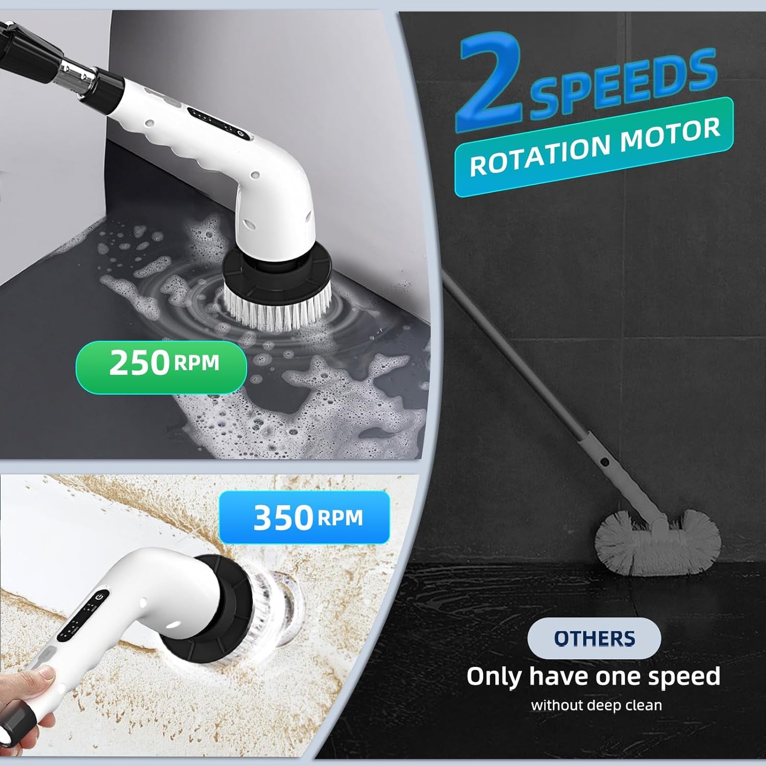 Electric Spin Scrubber, Shower Scrubber Cordless Cleaning Brush with 8 Replaceable Brush Heads and Squeegee，Adjustable Extension Handle 2 Speeds Electric Cleaning Brush for Bathroom, Tub, Tile，Kitchen